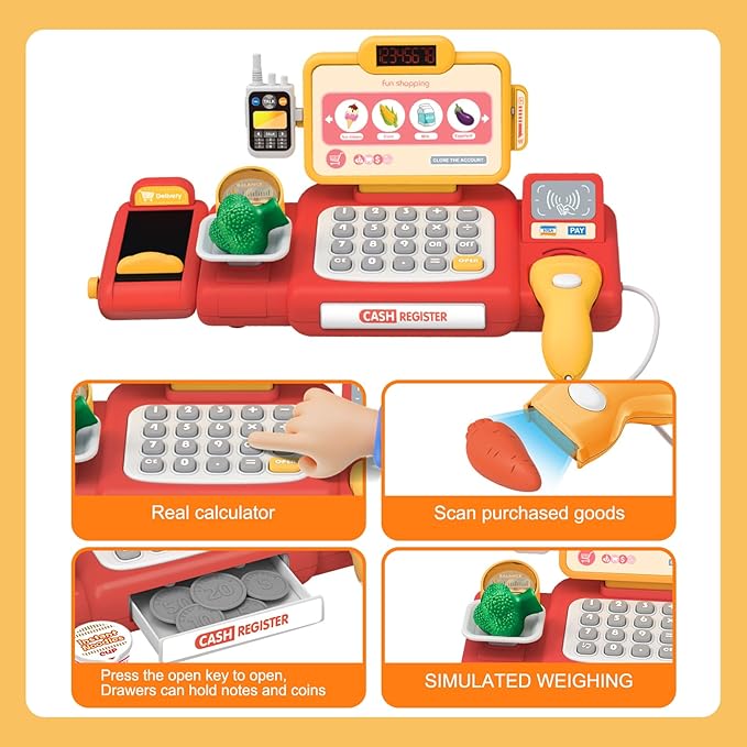 Kids Shopping Cart Trolley Play Set and Pretend Play Calculator Cash Register Toy with Pretend Food and Accessories,Perfect for Ages 3+ Pretend Play and Role-Playing Games
