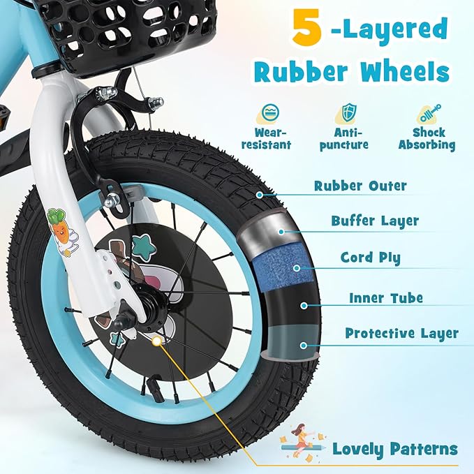 BABY JOY Rabbit Pilot Sporty Kids Bike, 12 14 16 18 Inch Child Bike for 3-8 Years Old with Adjustable Height, Training Wheels, Storage Basket, Handbrake & Coaster Brake, Kids Bicycle for Girls Boys