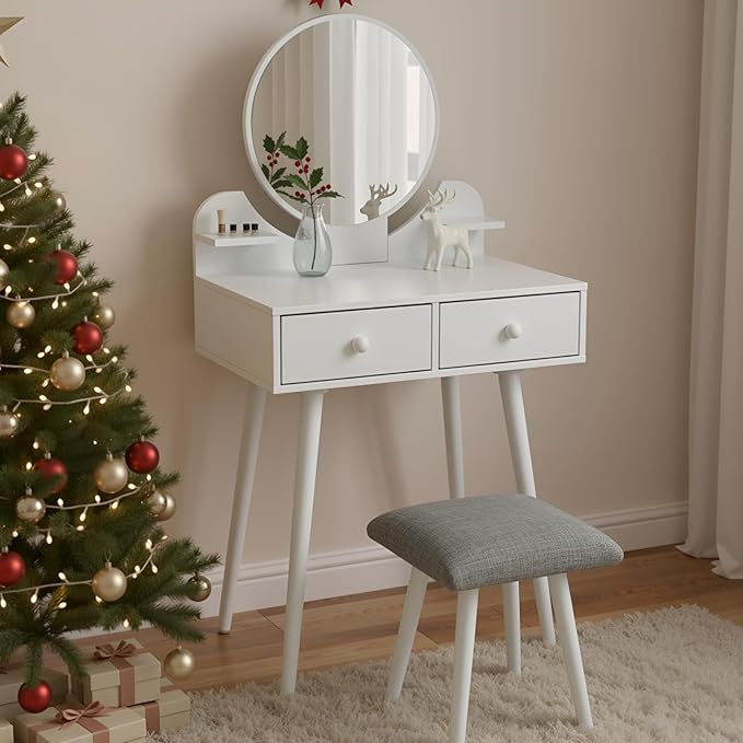 Arlopu Kids Vanity Table and Chair Set, 2 in 1 Toddler Makeup Dressing Desk with Detachable Large Mirror and Stool, Drawers, Princess Wooden Pretend Play Toys for Little Girls (White)