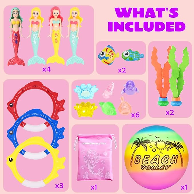 18 Pcs Diving Pool Toys for Kids Ages 3-12 Set with Storage Bag,Pool Games Summer Swim Water Sinking Mermaid Toys