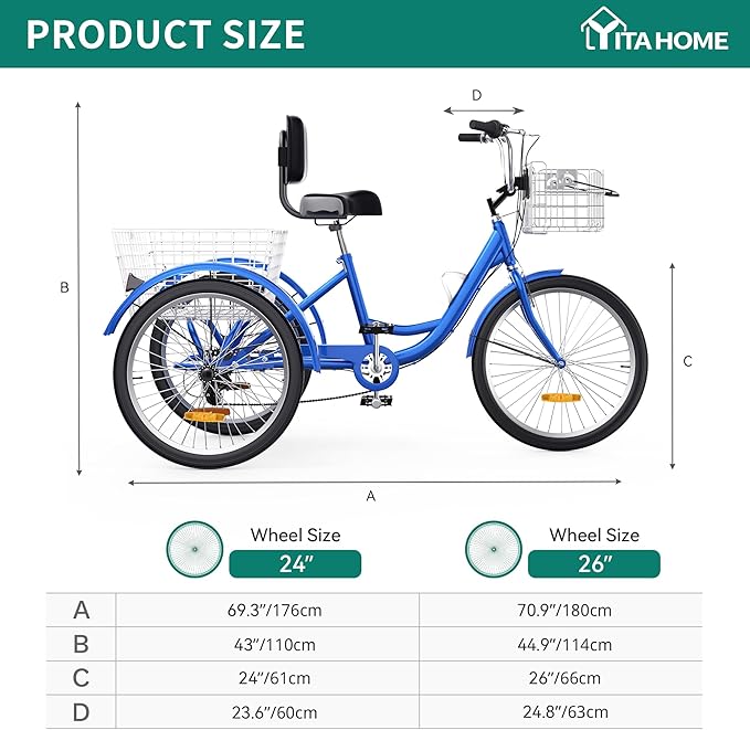 YITAHOME 24 & 26 Inch Adult Tricycle, 1 & 7 Speed 3 Wheel Bikes, Large Seat with Backrest Trike for Adults with Front & Rear Baskets, Cruiser Bike for Seniors Women Men Commute Picnic Outdoor