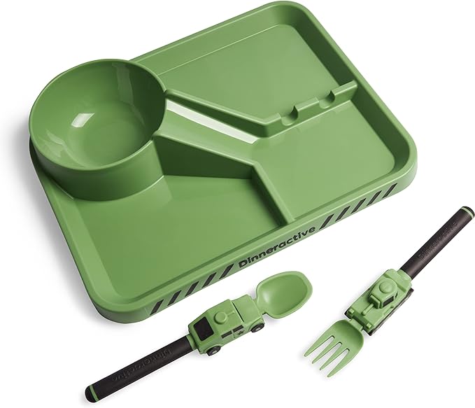 Dinneractive Dining Set For Kids - 3PC Green Army Dinnerware - Army Truck Tank Utensils - Toddler Plates - Baby Dishes
