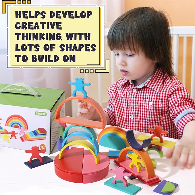 40-Piece Wooden Rainbow Stack Set, 4-in-1 Building Blocks preschoolers Early Development & Activity Toys Montessori Toys for Kids 1 2 3 4 Years and Older Gifts for Boys and Girls