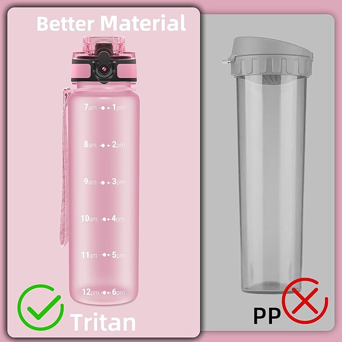 OLDLEY 32 oz Water Bottle, Motivational Water Bottle with Time Marker, Sports Water Bottle With Strap, Leakproof & BPA Free Large Water Bottles for School, Gym, Travel, Outdoor, Tritan,Pink