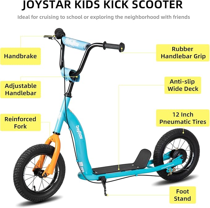 JOYSTAR Kick Scooter for Kids 5+ Teens & Youth, Lightweight Kids Scooter with Adjustable Handlebar, 2 Wheel Scooter for Boys & Girls, 12" Inflatable Wheels Rear Drum Brakes