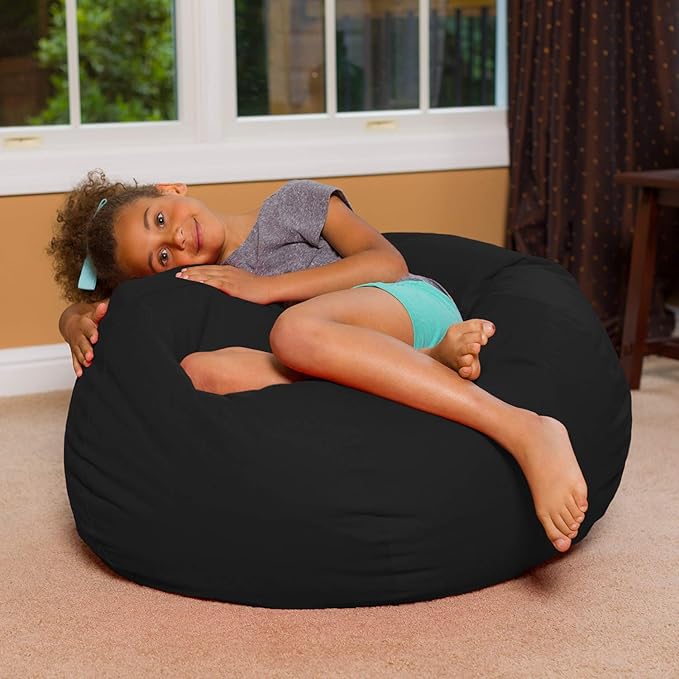 Posh Creations Bean Bag Chair Round EPS Filled Seat for Toddlers and Kids, Comfy Chair for Children, Large 38 Inch, Nylon - Solid Black