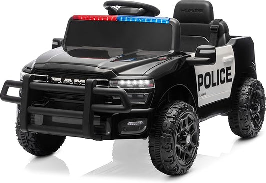 Kidzone 12V Police Ride On Truck, Licensed RAM 3500 Electric Car for Kids w/Remote Control, Bluetooth Music, LED Lights, Open Doors, Police Decals, Battery Powered Toy Vehicle - Black w/Police Design