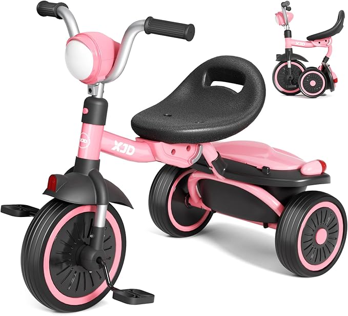 XJD Toddler Tricycle, Foldable Toddler Bike with Pedals, Tricycle for 2-5 Year Olds, Adjustable Comfortable Seat, Birthday Gifts for 1-5 Years Old Boys and Girls (Pink)
