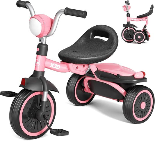 XJD Toddler Tricycle, Foldable Toddler Bike with Pedals, Tricycle for 2-5 Year Olds, Adjustable Comfortable Seat, Birthday Gifts for 1-5 Years Old Boys and Girls (Pink)