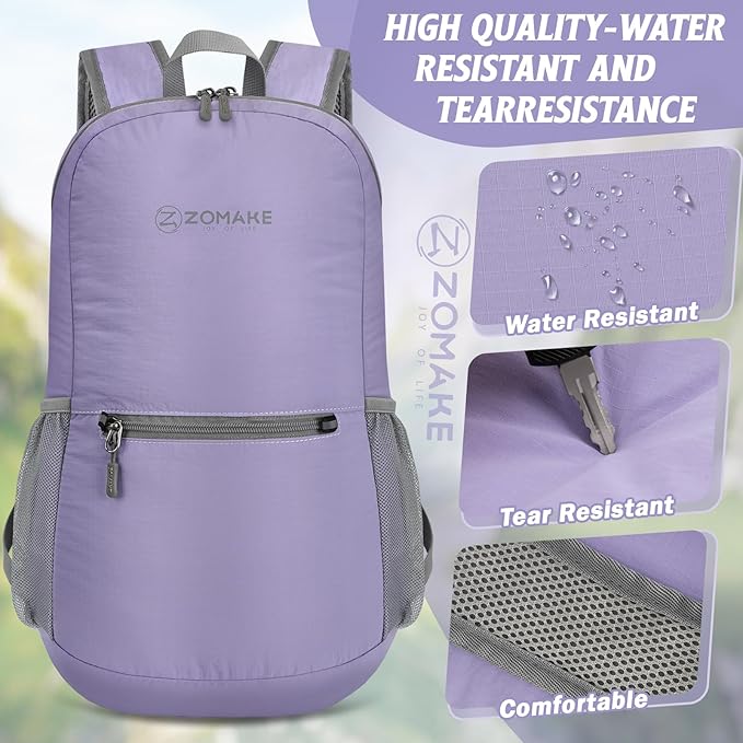 ZOMAKE Ultra Lightweight Hiking Backpack 20L - Packable Small Backpacks Water Resistant Daypack for Women Men(Lavender)
