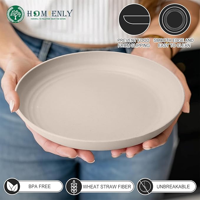 Homienly Dessert Plates - 8 Inch Wheat Straw Plates Set, Dinner Plates Set of 8, Appetizer Plates, Lightweight Unbreakable Plates, Microwave Safe Plates, Deep Plates for Dinner - Beige