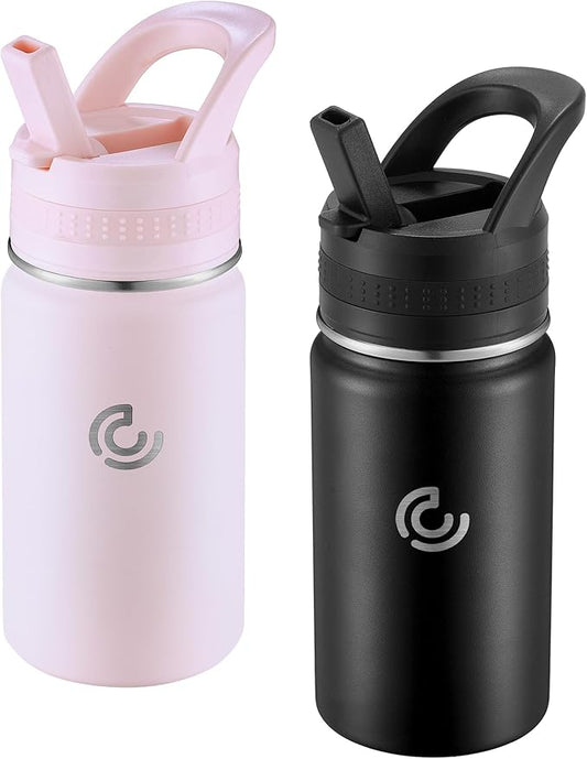 2 Pack Kids Water Bottle,14oz Stainless Steel Insulated Water Tumbler Leak-Proof,School Water Mug,Small and Portable,Suitable for Boys and Girls to Use(Black + Pink)