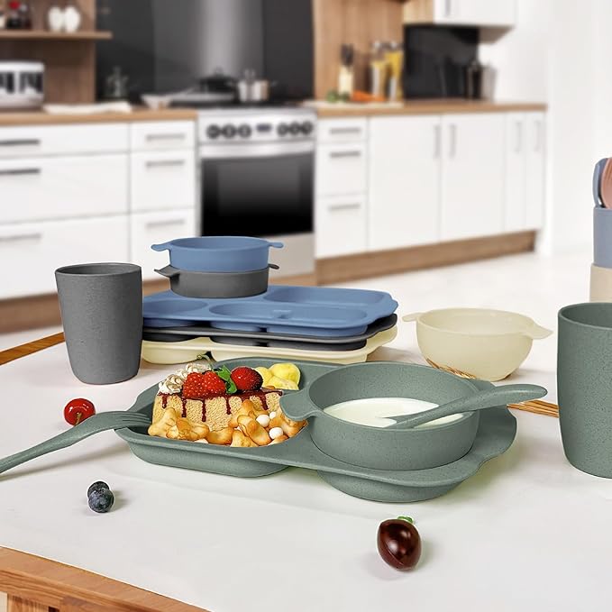 shopwithgreen Wheat Straw Dinnerware Cutlery Set, 20 PCS Kids Toddlers Divided Plates and Bowls Sets, Microwave Unbreakable Tableware Spoon Knife Cup, Dishwasher Safe for Kitchen Picnic School