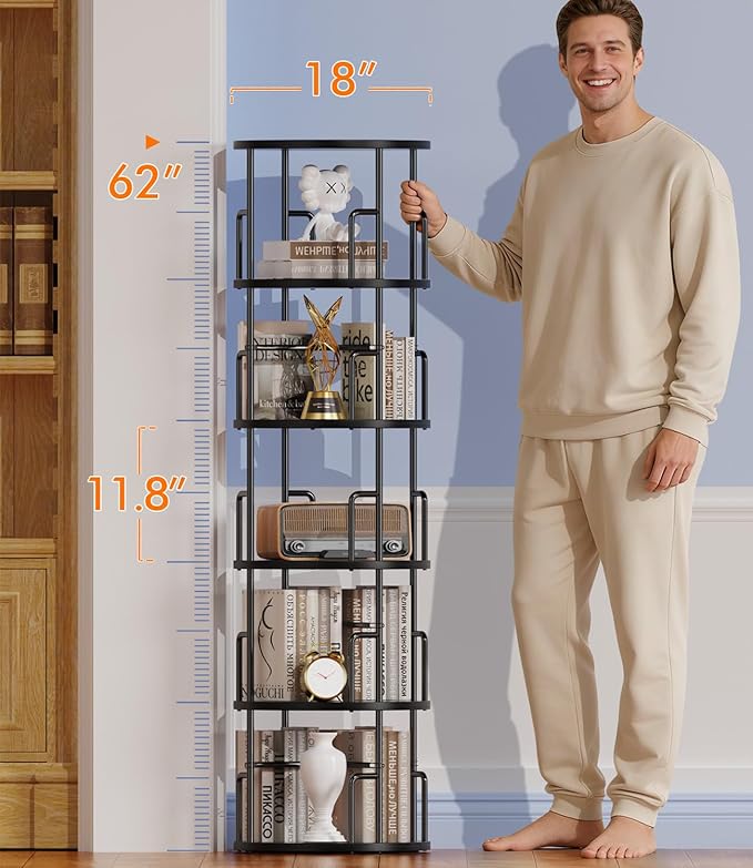 5 Tier Rotating Bookshelf Tower Round Black,62”Tall Standing Spinning Bookshelf Tower Anti-Tipping Design,Metal & Wood Revolving Bookcase Stackable Space Saving for Small Spaces,Study,Living Room