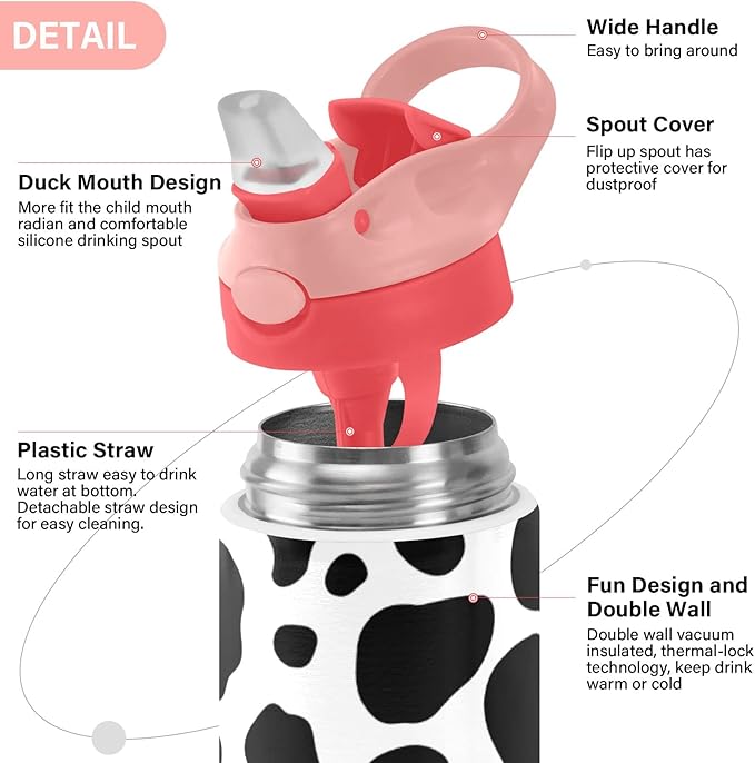 Kigai Black & White Cow Print Kids Water Bottle with Straw Lid, Vacuum Insulated Stainless Steel Double Walled Leakproof Tumbler Travel Cup for Girls Boys Toddlers, 12 oz
