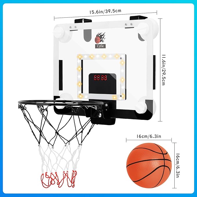 CYFIE LED Basketball Hoop, Suction Cup/Over The Door Basketball Hoop with Sturdy Backboard/Electronic Scoreboard, Sound, 3 Balls, Mini Indoor Basketball Toy Gifts for Kids Teens Boys Girls Youth