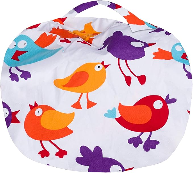 Posh Creations Stuffable Kids Stuffed Animal Storage Bean Bag Chair Cover - Childrens Toy Organizer Medium 27" - Canvas Birds on White