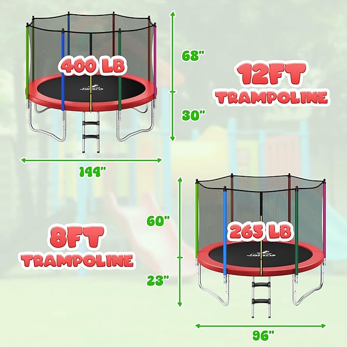 Trampoline 8FT 10FT, Outdoor Trampolines with Enclosure Net and Ladder, Recreational Anti-Rust Trampolines for Kids and Adults, ASTM Approved