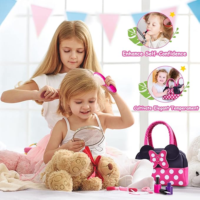 Pretend Play Purse for Little Girls-Toddler Purse Set Pretend Play Makeup Toys for 3 4 5 6 Year Old Kids,Toddler Purse with Accessories,Toy Purse Perfect for Girls Birthday Gifts (MNLSBB 2A)
