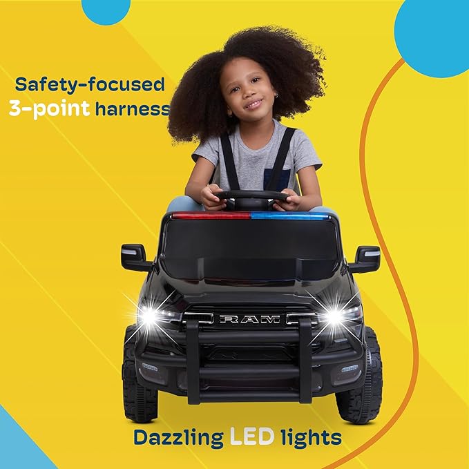 Kidzone 12V Police Ride On Truck, Licensed RAM 3500 Electric Car for Kids w/Remote Control, Bluetooth Music, LED Lights, Open Doors, Police Decals, Battery Powered Toy Vehicle - Black w/Police Design
