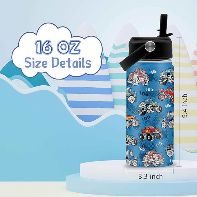 Trucks Gifts for Boy Truck Lovers, 16 oz Water Bottles with Straw Lid, Stainless Steel Insulated Tumbler, Truck Cup Gifts for Birthday Christmas