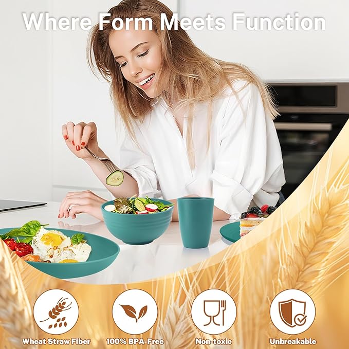 Wheat Straw Dinnerware Sets 32-Piece, Service for 8, Unbreakable Kitchen Dishes Set, Plastic Plates and Bowls Set with Cups, Microwave and Dishwasher Safe Dishware Set for Party- Green