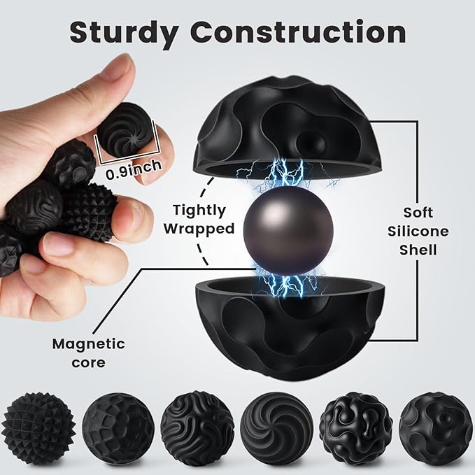 LovesTown 6PCS Silicone Magnetic Fidget Balls, Magnetic Sensory Fidget Balls Quiet Travel Toys for Adults Teens Office School Birthday Gift (Black)