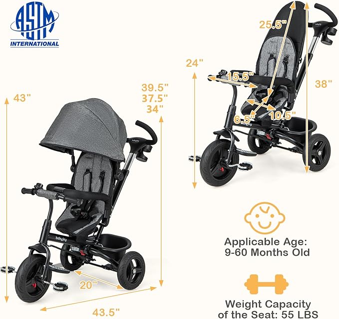 BABY JOY Tricycle, 6 in 1 Tricycle for Toddler w/Reversible Seat, Adjustable Canopy & Parent Handle, 5-Point Safety Belt, PU Wheels and Storage Basket, Push Tricycle for 9-60 Months (Gray)