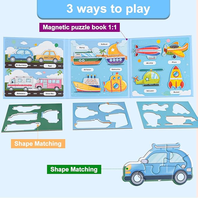 ASTARON 3D Magnetic Puzzle with 60 Puffy Stickers for Toddlers, 51 Pieces 3-in-1 Traffic Puzzles Preschool Education Learning Travel Toys Car Plane Activities for Kids Road Trip Birthday Gifts
