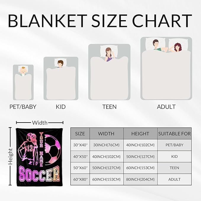 Personalized Soccer Throw Blanket with Name - Soft, Fuzzy & Warm - 30x40 Inches Lap Size Blanket for Couch, Office - Black Cute Throw Gift for Girls, Women