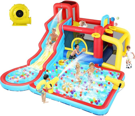 Water Slide Bounce House with Blower, Kids Inflatable Water Slide Park Indoor Outdoor Fun Wet Dry Combo Bouncy House Castle w/Splash Pool, Climbing Wall, Cannon, Basketball Hoop, Football Gate