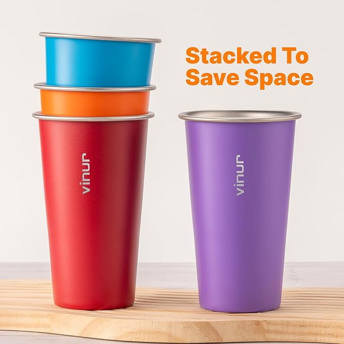 VINUR 20 oz Stainless Steel Cups 4 Pack Pint Tumbler Stackable Metal Drinking Glasses for Travel, Camping, Outdoors (Purple-Orange-Sky Blue-Canyon Red)