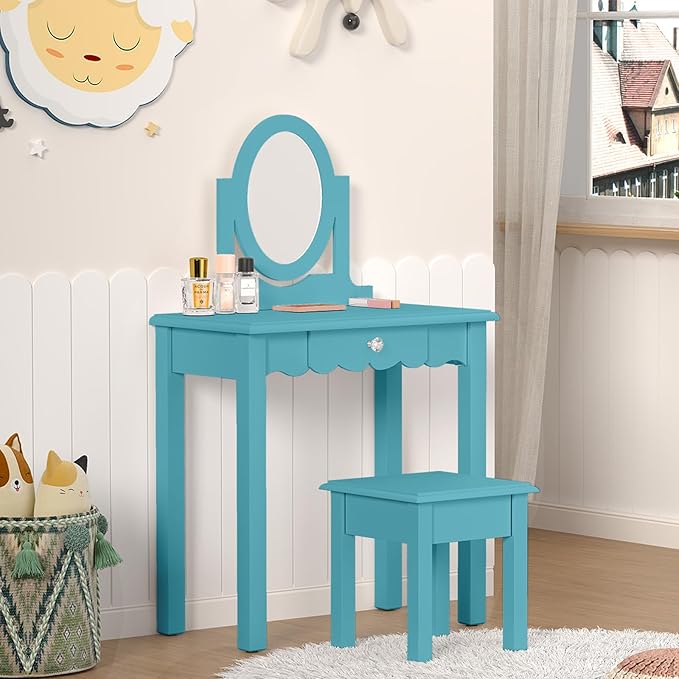 HLR Kids Vanity,Little Girls Vanity Set with Mirror and Stool,Wooden 2 in 1 Princess Makeup Desk Dressing Table with Detachable Top, Toddler Vanity Dresser Set with Drawer for Little Girls,Blue