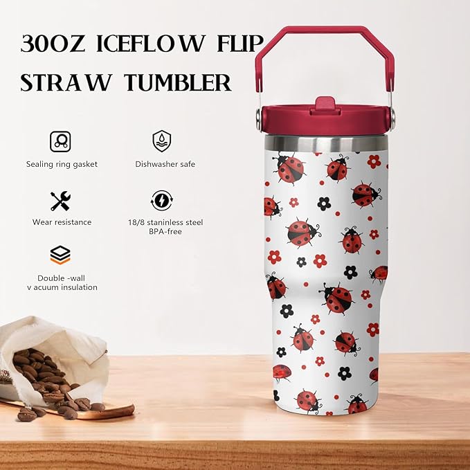 30 Ladybug Flip Tumbler, Ladybug Gifts for Women Girls, Lady Bug Reusable Stainless Steel Travel Mug Tumbler Cup Water Botter,Ladybug Decor Accessories Stuff