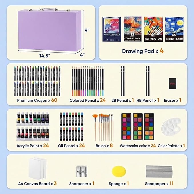 194 Piece Deluxe Art Set, Painting Drawing Art Supplies with 4 Drawing Pads, Acrylic Paints, Crayons, Colored Pencils Set in Wooden Case, Art Kit Gift Box for Kids, Teens, Adults, Artists, Beginners