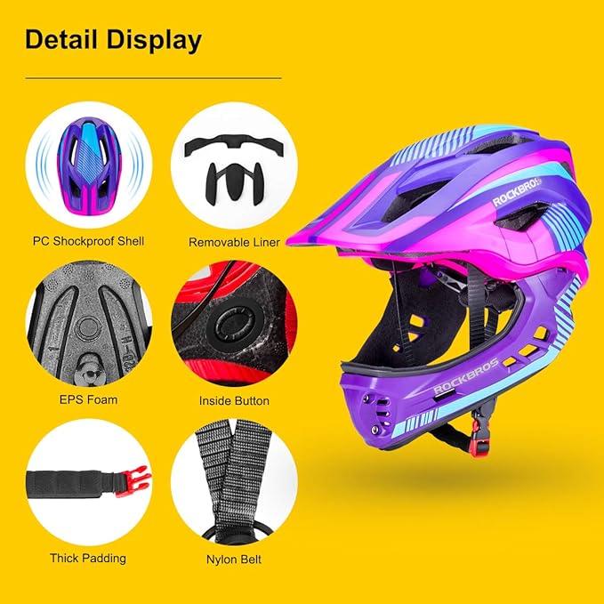 ROCKBROS Kids Full Face Helmet Kids Bike Helmets Lightweight Toddler Mountain Bike Helmet Detachable for MTB BMX Skating Cycling Scooter Safety Bicycle Helmets for Youth Child Boys Girls Ages 3-16