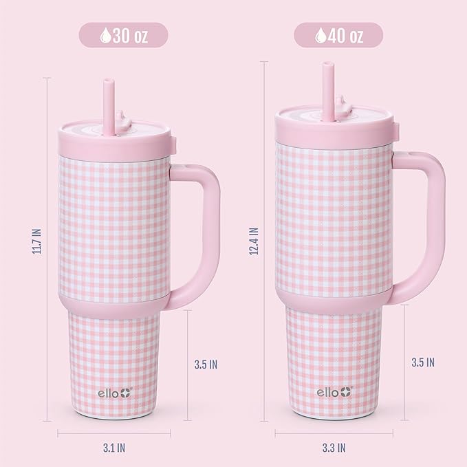 Ello Oasis 30 oz Tumbler with Handle & Retracting Straw | Reusable Insulated Stainless Steel Cup 100% Leakproof, Gifts for Teens Women Men | Keeps cold for 24 Hours, Cup Holder Friendly, Pink Gingham