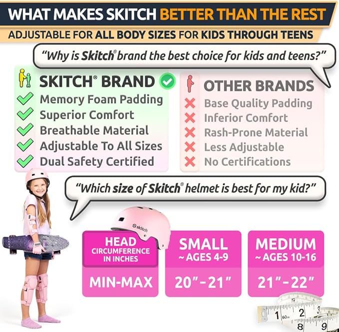 SKITCH Skateboard Helmet for Kids and Teens with Premium Grade Memory Foam Padding | Triple Certified Adjustable Protective Sport Head Gear for Scooter Roller Skate Inline Skating and Rollerblading