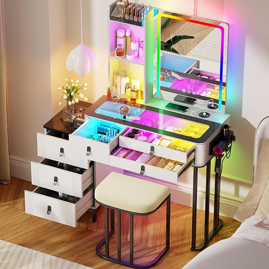 HNEBC Vanity with LED Mirror, Glass Top Dresser with Wireless Charging Station for Bedroom, Small Makeup Desk with 6 Drawers, Girls Dressing Table with Auto RGB Lighted for Christmas (85011-White)