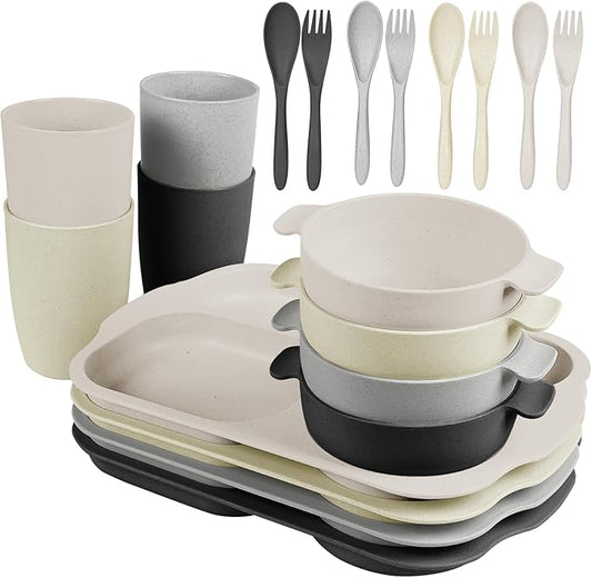 shopwithgreen Kids Toddlers Plates and Bowls Sets, 20 PCS Wheat Straw Dinnerware Cutlery Set, Unbreakable Tableware Divided Plate Spoon Knife Cup, Reusable Utensils Set for Kitchen Picnic School