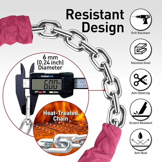 Bike Chain Lock Security 5 Digit Resettable Combination, 51.2 inches Heavy Duty Anti Theft Lock Chain for Bicycle, Motocycle, Scooter, Gate, Fence (Fuchsia, 4.2ft)