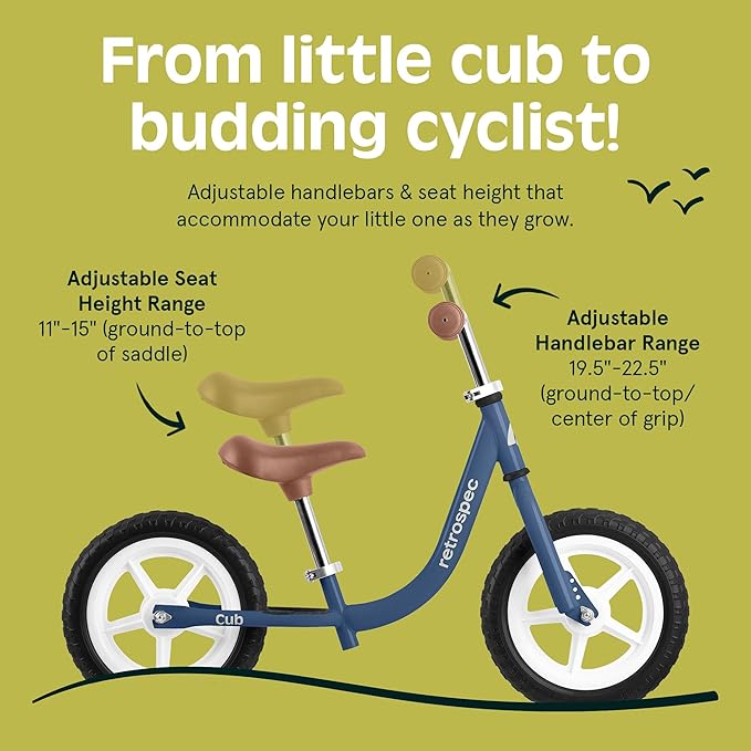 Retrospec Cub Toddler Balance Bike for Ages 18 Months - 3 Years - 12in No-Pedal Beginner Bicycle with Adjustable Seat, Puncture-Proof Tires & Safe Low Frame Design