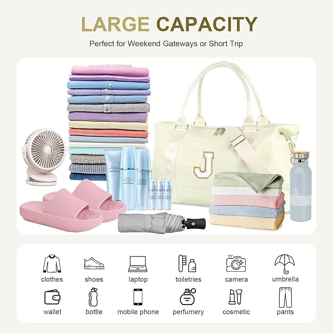 Dance Gym Duffel Bag for Teen Girls, Personalized Initial Travel Weekender Bag,Cute Overnight Carry On Duffle for Women,Sports Travel Cheer Bag,Monogram Christmas Gifts for Tween Preppy(beige-J)