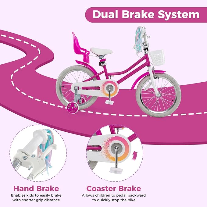 BABY JOY Kids Bike, 12 14 16 18 Inch Children Bicycle w/Detachable Training Wheels, Storage Basket, Adjustable Seat & Handlebar, Bow or Streamer, Girls Bike for 3-8 Years Old
