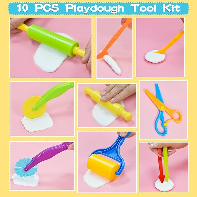 Playdough Tool Set, 15 Pcs Play Dough Tools Sets for Kids Ages 4-8, Playdough Accessories Includes Cutters Roller, Rolling Pins, Safety Scissors, Plastic Knife