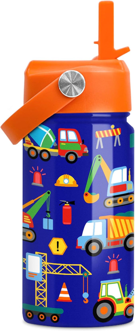Construction Water Bottle - Kids Water Bottle with Straw Lid - 12 Oz Insulated Stainless Steel Water Bottles for Kid Boys - Travel Cup for School Sports