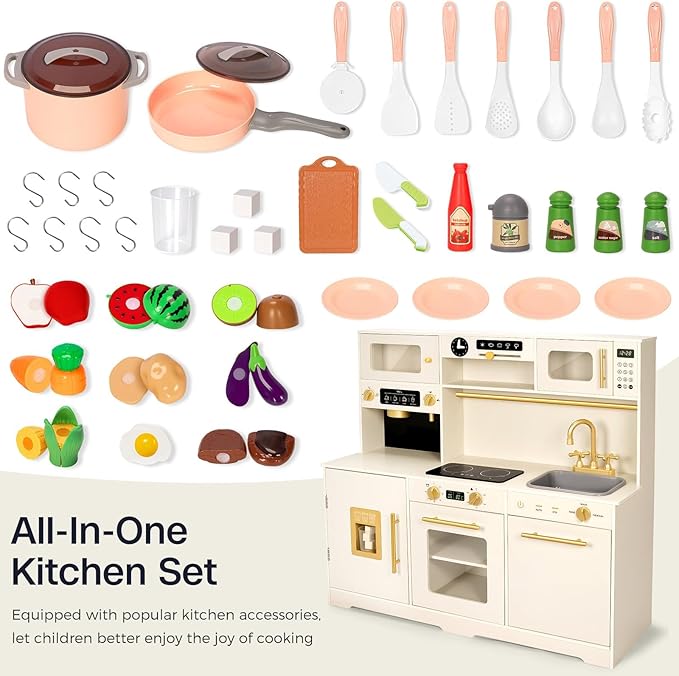 Wooden Play Kitchen for Toddler, Toy Kitchen Set for Kids Pretend Play with 41 Pcs Toy Food & Cookware Accessories, Kitchen Playset Gift for Boys and Girls Ages 3+