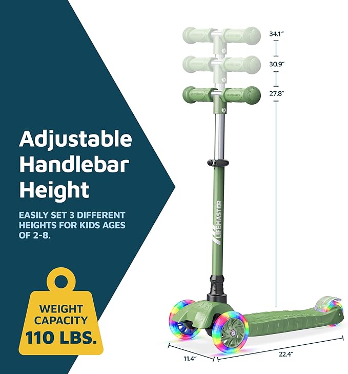 Lifemaster Mini 3-Wheel Kids Scooter with Multi-Color Wheel Lights – 4-Height Adjustable Handlebar, Wide Anti-Slip Deck, Child Safety Certified, Boys & Girls Ages 2+ Supports Up to 110 lbs