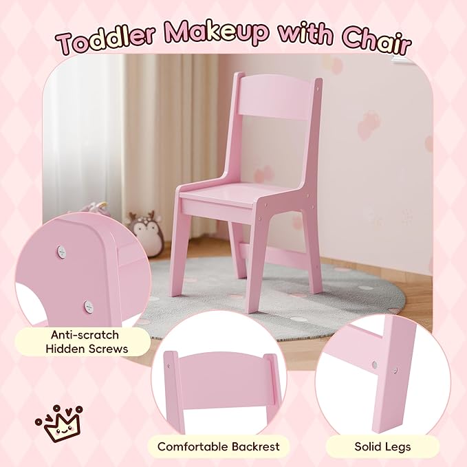 Kids Vanity, Girl Vanity Set with Storage Cabinet & Open Shelf, 2 In 1 Kids Vanity Table and Chair Set with Jewelry Storage, Princess Toddler Makeup Vanity with Mirror for Little Girls (Pink)