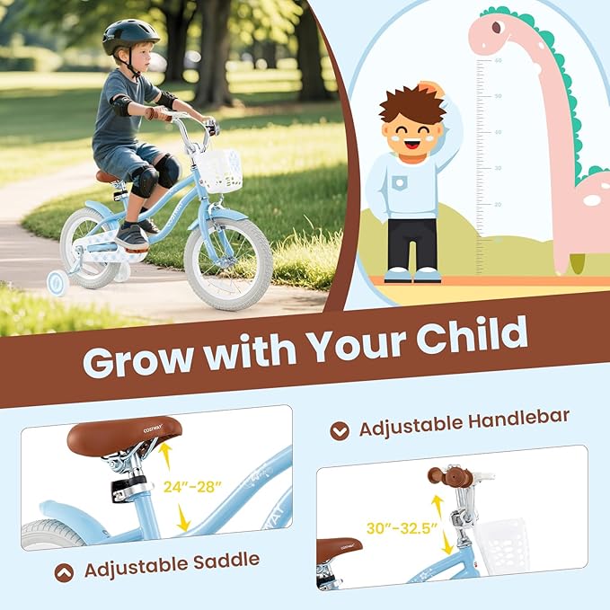 COSTWAY Kids Bike, 12 14 16 18 Inch Toddler Bike Children Bicycle w/Training Wheels, Hand & Coaster Brakes, Adjustable Saddle & Handlebar, Basket, Bell, Kids Bicycle for Girls Boys Aged 3-8 Years Old